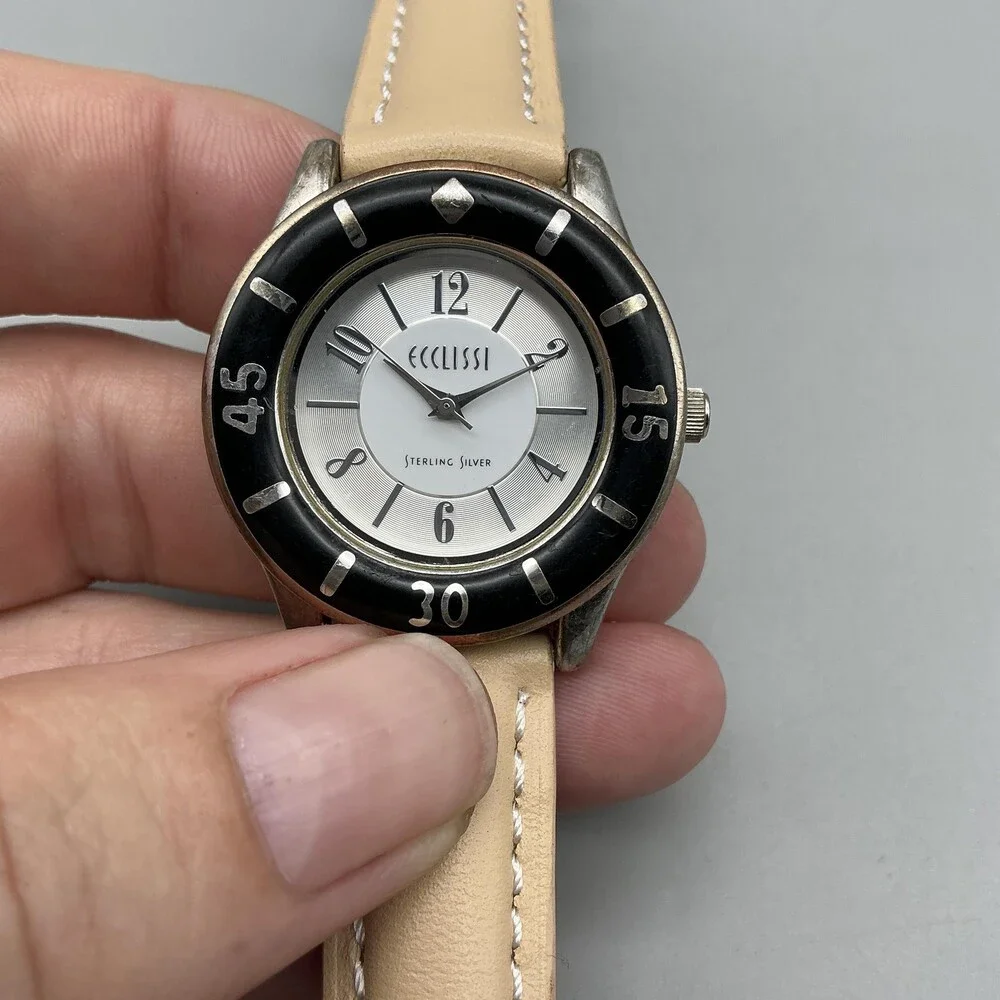 Ecclissi Womens Watch 33mm Sterling Silver Black Beige Leather 23515 New Battery